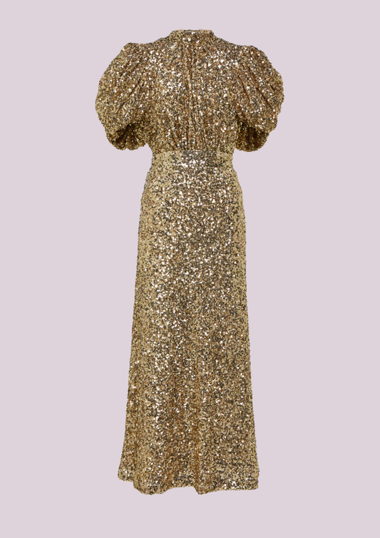 The Sequin Puff Sleeve Dress in Gold