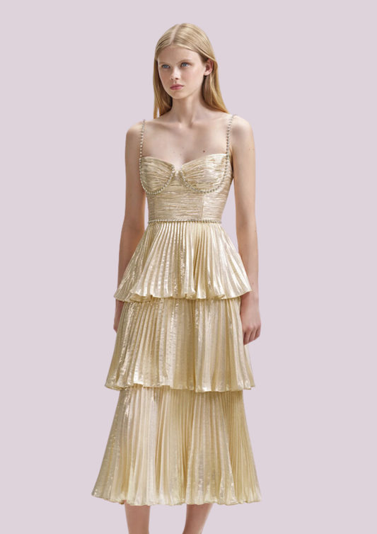 The Gold Metallic Tiered Midi Dress