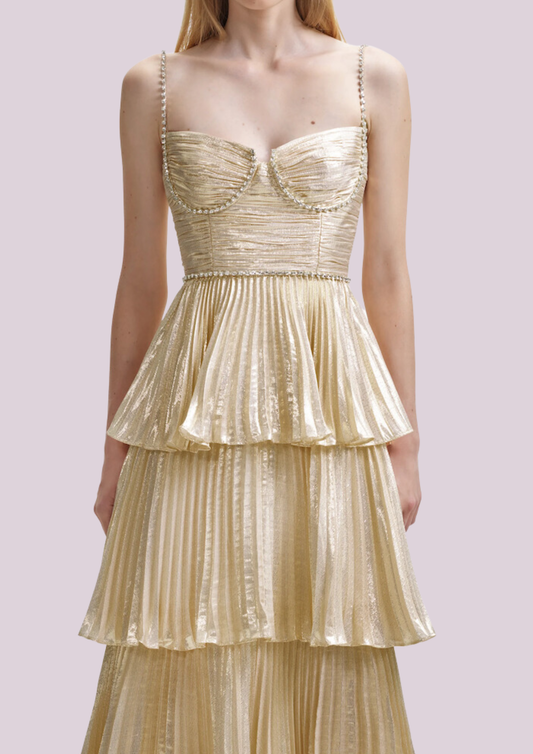 The Gold Metallic Tiered Midi Dress