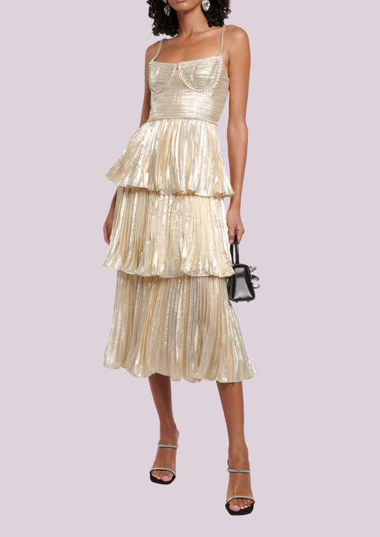 The Gold Metallic Tiered Midi Dress