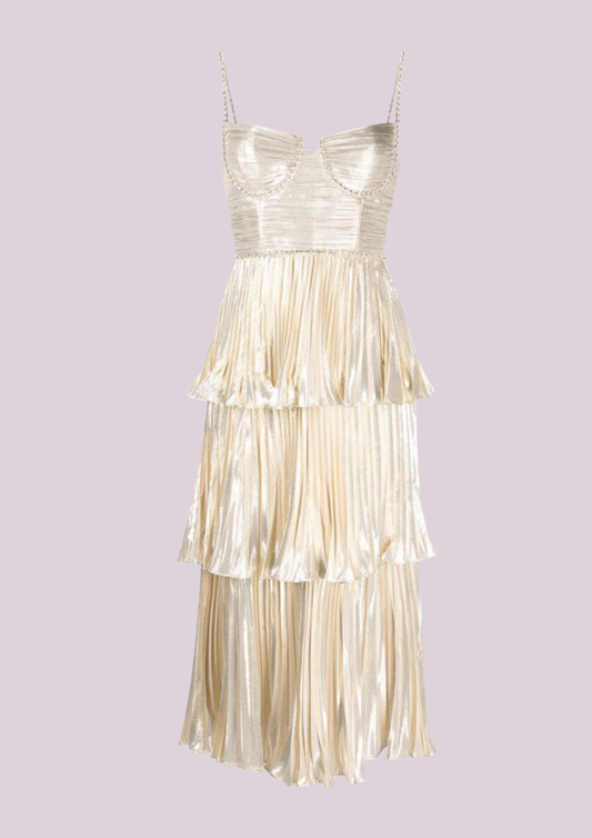 The Gold Metallic Tiered Midi Dress